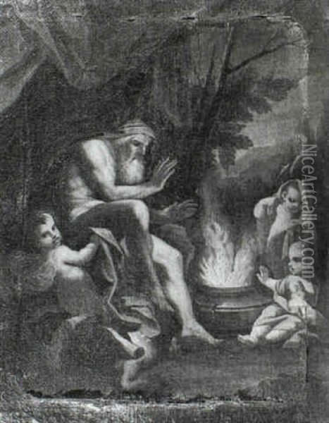 Time Warming Himself At A Fire Within A Cauldron Attended   By Three Putti Oil Painting -  Parmigianino (Michele da Parma)