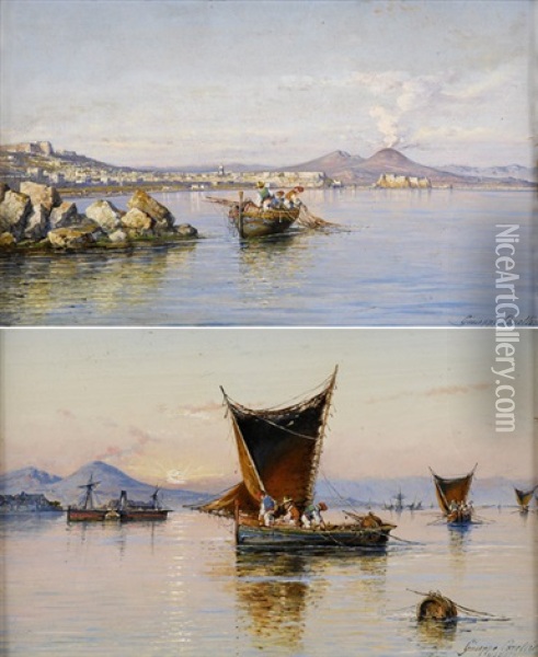 Fischerboote In Der Bucht Von Neapel (+ Another; 2 Works) Oil Painting - Giuseppe Carelli