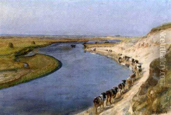 Cows Grazing At Liver Aa, North Jutland Oil Painting - Niels Pedersen Mols