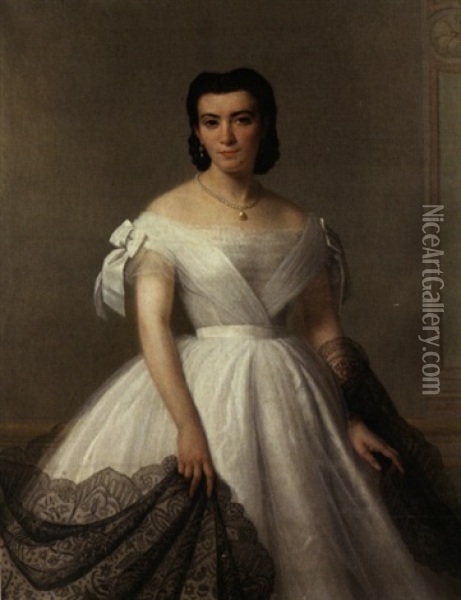 Portrat Einer Jungen Frau In Weisser Robe Mit Schwarzem Spitzenschal Oil Painting - Albert Pierre Roberti