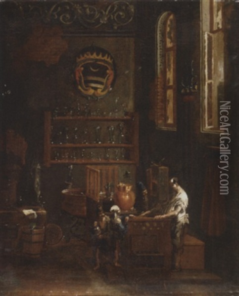 Children At A Pharmacist With A Coat-of-arms Displayed On The Far Wall Oil Painting - Alessandro Magnasco