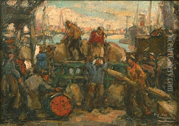 Arbeiders En Kar Op De Kade Oil Painting - Eugene van Mieghem