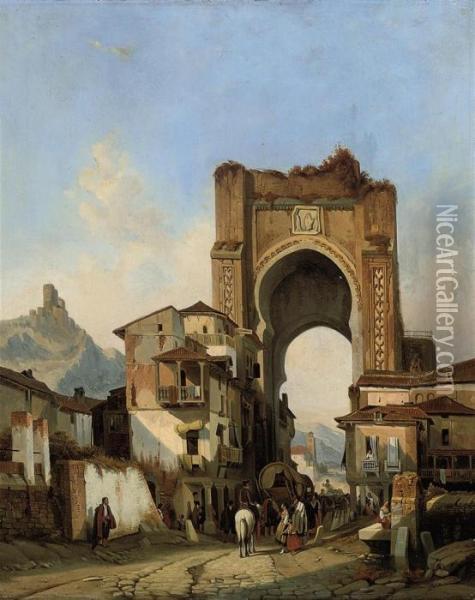 Figures At A Spanish Gateway Oil Painting - Jacques Carabain