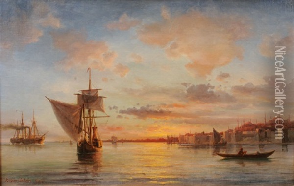 Ships Off Constantinople Oil Painting - Daniel Hermann Anton Melbye