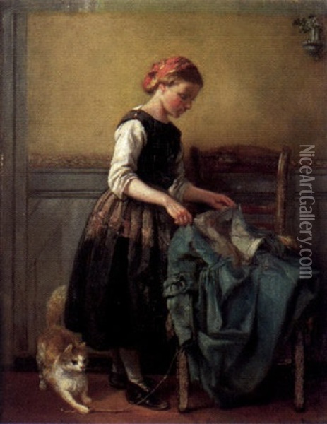 Jeune Fille Essayant Une Robe Oil Painting - Francois-Louis Lanfant