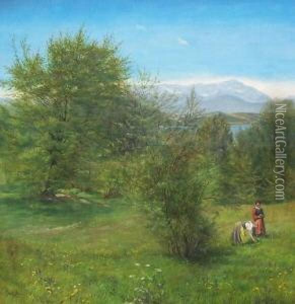 Sommerlandschaft Mit Zwei Blumen Pfluckenden Frauen Oil Painting - Frieda Kniep