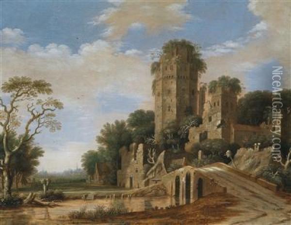 Castle Ruins In A River Landscape With Fishermen Oil Painting - Rafael Govertsz. Camphuysen