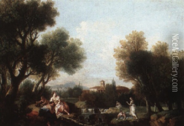 Italianate Landscape With Women And A Baby Resting Beside A River Oil Painting - Hendrick Frans van Lint