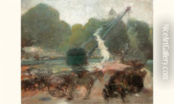 Charrette Et Grue Sur Les Quais Oil Painting - Konstantin Kuznetsov