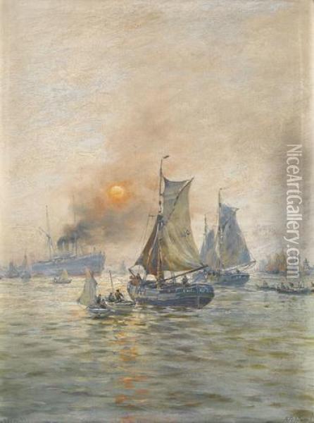 Schiffe Vor Hafen Bei Untergehender Sonne Oil Painting - Richard Henri Fehdmer