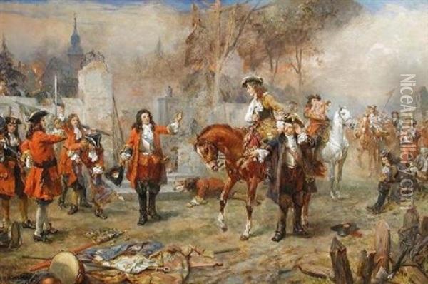 The Duke Of Marlborough Greets Prince Eugene After Their Victory At Blenheim Oil Painting - Robert Alexander Hillingford