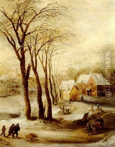 A Village Landscape In Winter With A Horse And Cart And     Travelers On A Path With A Pair Of Pigs Oil Painting - Joos de Momper the Younger