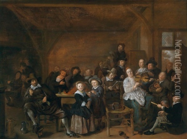 Frohliche Gesellschaft In Einer Wirtsstube Oil Painting - Jan Miense Molenaer