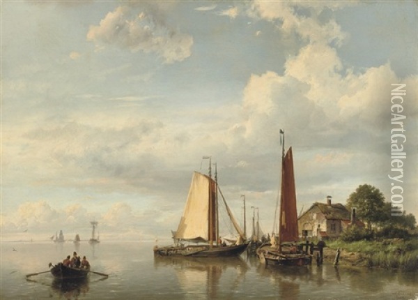 Sailing Vessels Moored Near A Farm Oil Painting - Hermanus Koekkoek the Elder