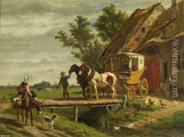 Farm Scene With Coach Oil Painting - Jean Louis van Kuyck