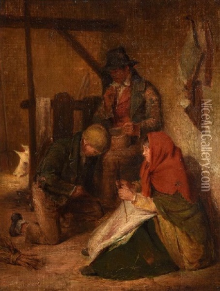 Interior Of A Barn With Three Figures Oil Painting - Nicol Erskine