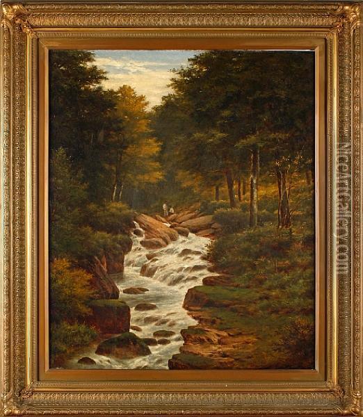 Wooded Landscape With Figures By A Rocky Stream Oil Painting - Julius Godet