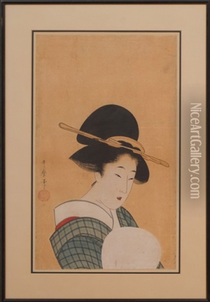 Courtesan With Fan Oil Painting - Utamaro Kitagawa