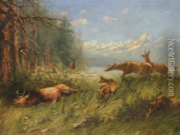 Wounded Elk In Mountain Landscape Oil Painting - John Fery