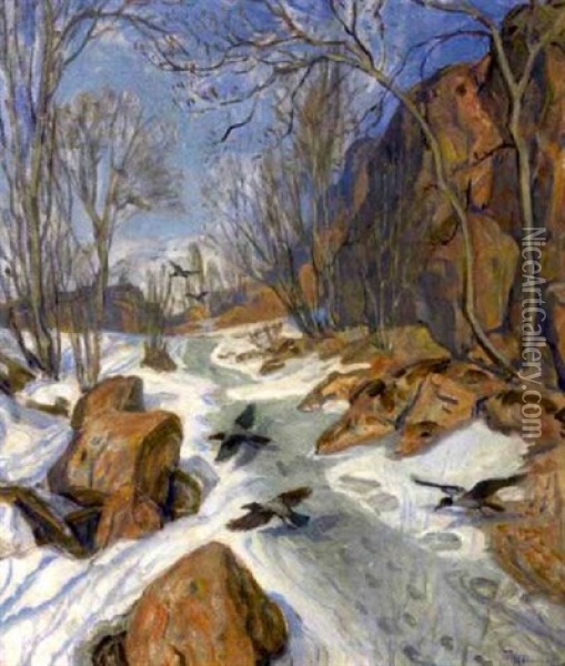 Vinter Ved Elven Oil Painting - Thorolf Holmboe