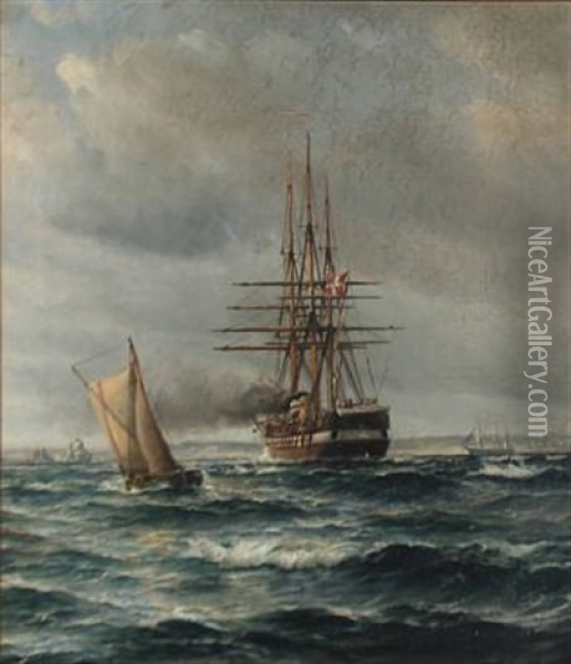 Seascape With The Danish Frigate Jylland Oil Painting - Vilhelm Victor Bille