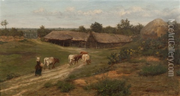 Cattle Heading Home To A Farmstead Oil Painting - Henry Robert Robertson