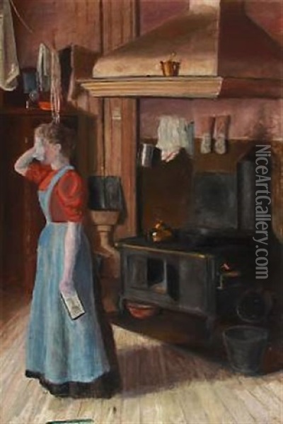 Kitchen Interior With A Woman In Tears Oil Painting - Oscar Gronmyraz