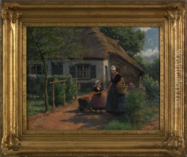 Cottage Scene With Mother And Daughter Oil Painting - Henri Houben