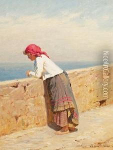 A Young South European Bare-footed Woman Overlooking The Sea Oil Painting - Niels Frederik Schiottz-Jensen