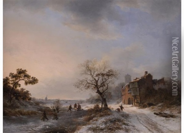 Eisvergnugen In Einer Hollandischen Landschaft Oil Painting - Frederik Marinus Kruseman