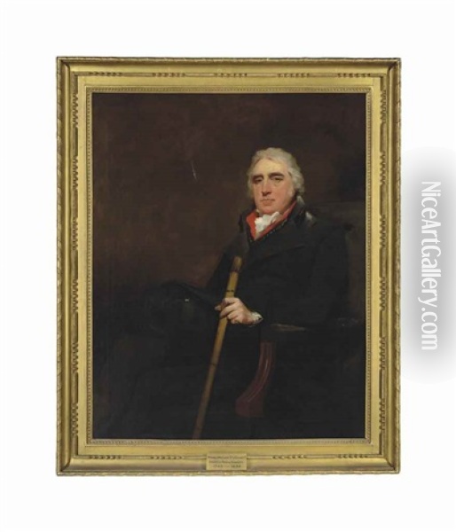 Portrait Of Donald Macleod, 3rd Of Geanies, Sheriff Of Ross And Cromarty, Seated, In A Black Coat With A Red Collar, His Left Hand Holding A Walking Stick Oil Painting - Sir Henry Raeburn