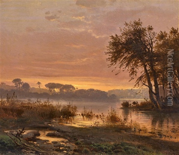 Flusslandschaft Im Abendlicht Oil Painting - Frederik Niels Martin Rohde