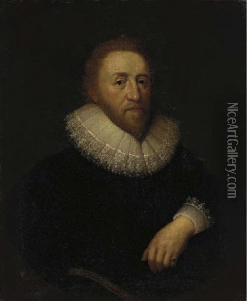 Portrait Of Sir Robert Bruce Cotton Bar, Called The Antiquarian, In A Black Coat And White Lace Ruff And Sleeve Oil Painting - Cornelis Jonson Van Ceulen