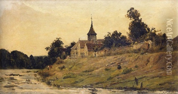 L'eglise En Bord De Riviere Oil Painting - Hippolyte Camille Delpy