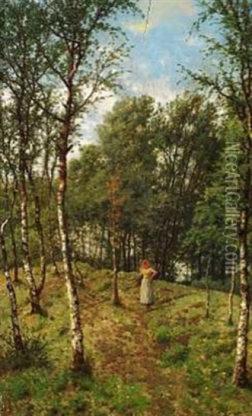 Landskab Med En Kvinde Pa En Skovsti (+ Another, Lrgr; 2 Works) Oil Painting - Jean Pierre Francois Lamoriniere