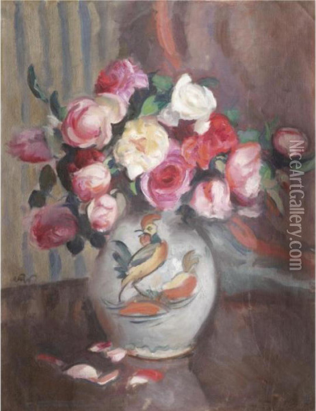 Still Life With Roses In A Painted Jug Oil Painting - Wojciech Weiss