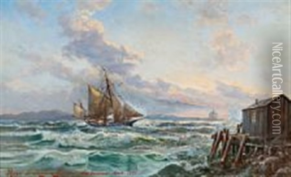 Seascape With A Sailing Ship Off Halifax, Canada Oil Painting - Holger Henrik Herholdt Drachmann