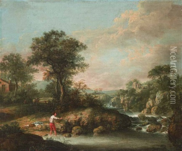 Angler An Einem Wildbach Oil Painting - James Barret