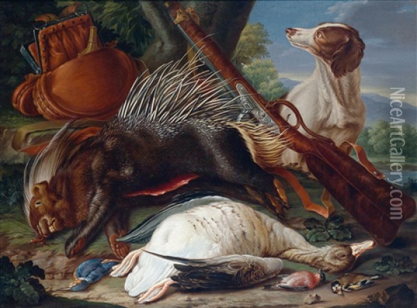 Jagdstillleben Mit Einem Stachelschwein, Erlegtem Federwild Und Einem Hund Oil Painting - Martin Ferdinand Quadal