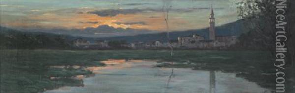 Paese Sul Lago Al Tramonto Oil Painting - Bartolomeo Bezzi