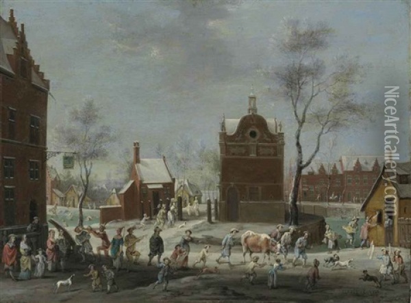 A Winter Carnival In A Small Flemish Town Oil Painting - Peter Gysels