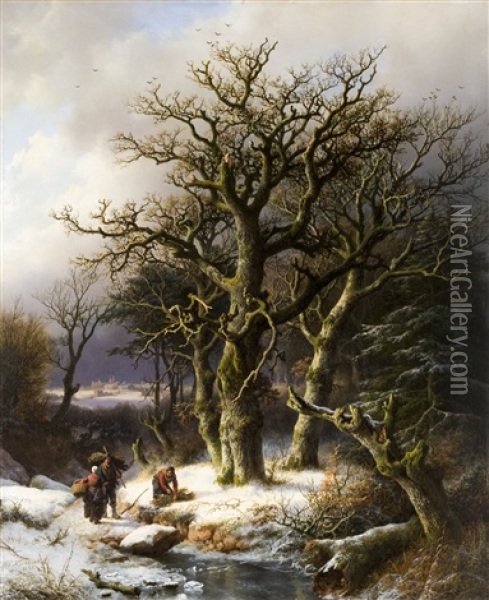 Winter Landscape With Wood Gatherers Oil Painting - Barend Cornelis Koekkoek