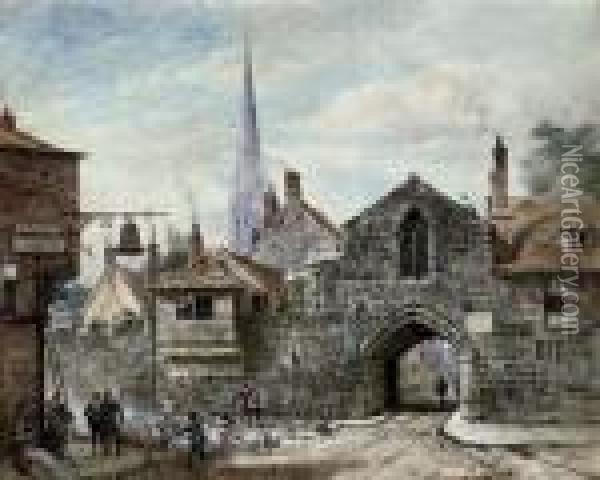 Herding Sheep Past The Gateway To The Close, Salisbury Oil Painting - Louise Rayner