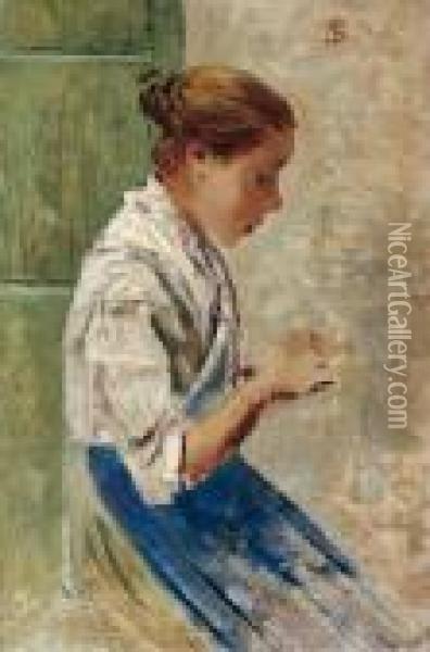 Bambina Che Cuce Oil Painting - Telemaco Signorini