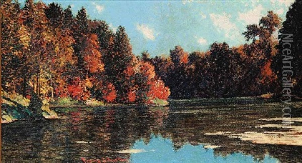 October Lagoon, A Favorite Fishing Spot On The Penetang Penninsula Oil Painting - Francis Hans Johnston