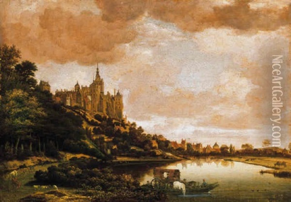 Folyoparti Taj Kastellyal (riverside Landscape With A Castle) Oil Painting - Jan Van Der Heyden