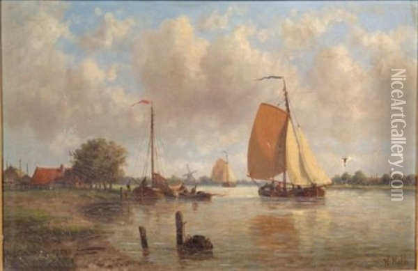 Ketches Sailing On A River Oil Painting - Hendrik Hulk