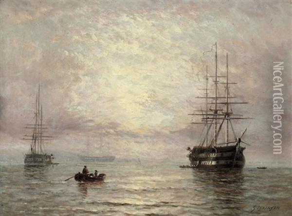 Warships Anchored In The Early Morning Haze Oil Painting - George Stainton