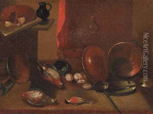 Dead songbirds, onions and kitchen utensils on a wooden table by a curtain Oil Painting - Carlo Magini