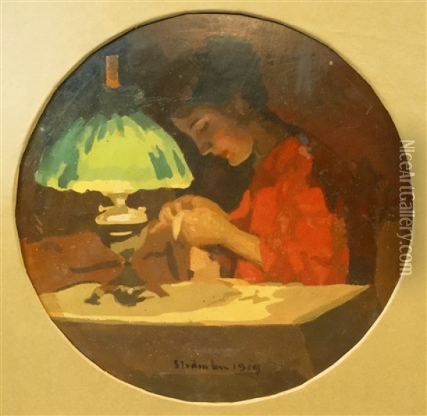 Woman Sewing Oil Painting - Ipolit Strambulescu (Strambu)